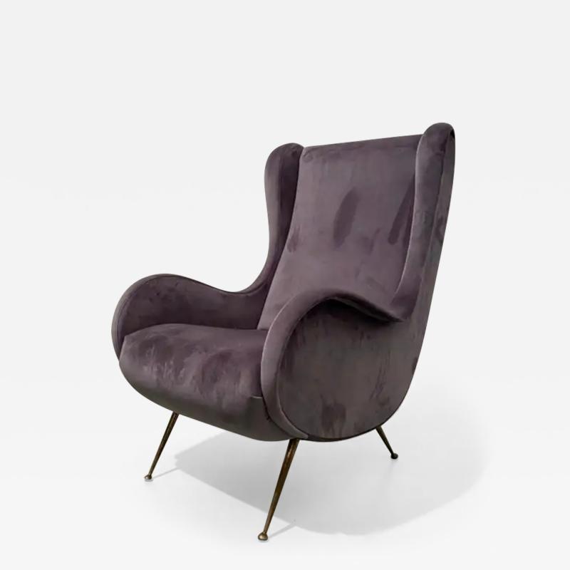 Marco Zanuso Blue Grey Lounge Chair in Velvet and Brass Italy 1950s