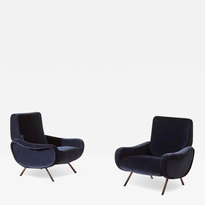 Marco Zanuso Marco Zanuso for Arflex Italy Pair of Lady Armchairs in Blue Cotton Velvet