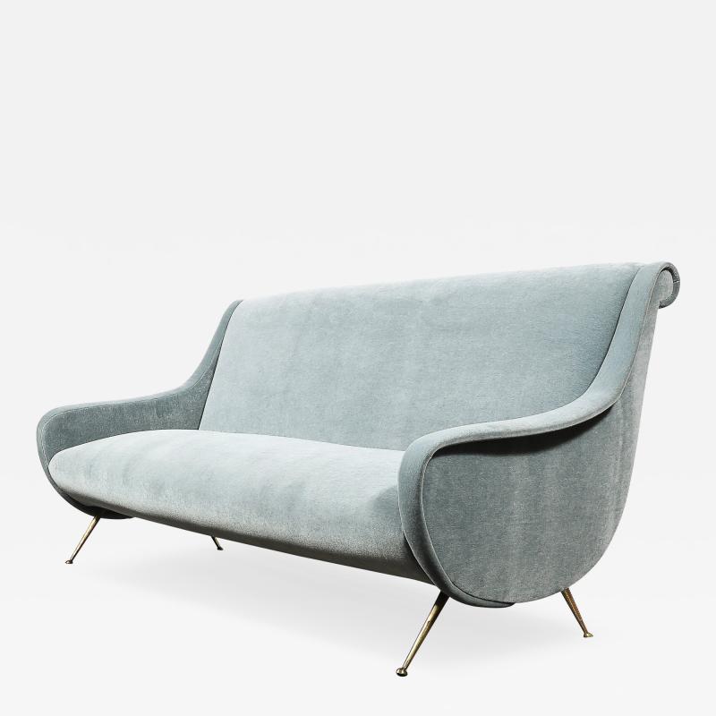 Marco Zanuso Mid Century Lady Sofa in Powder Blue Velvet Mohair Brass Legs by Marco Zanuso