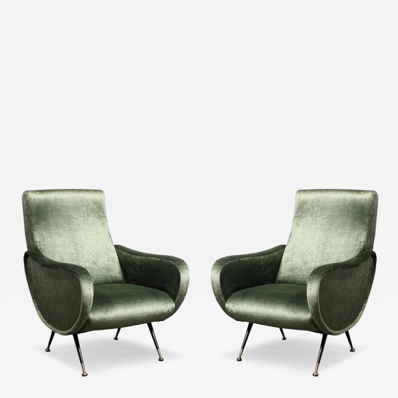 Marco Zanuso Mid Century Modernist Lady Arm Chairs in Eucalyptus Velvet by Marco Zanuso