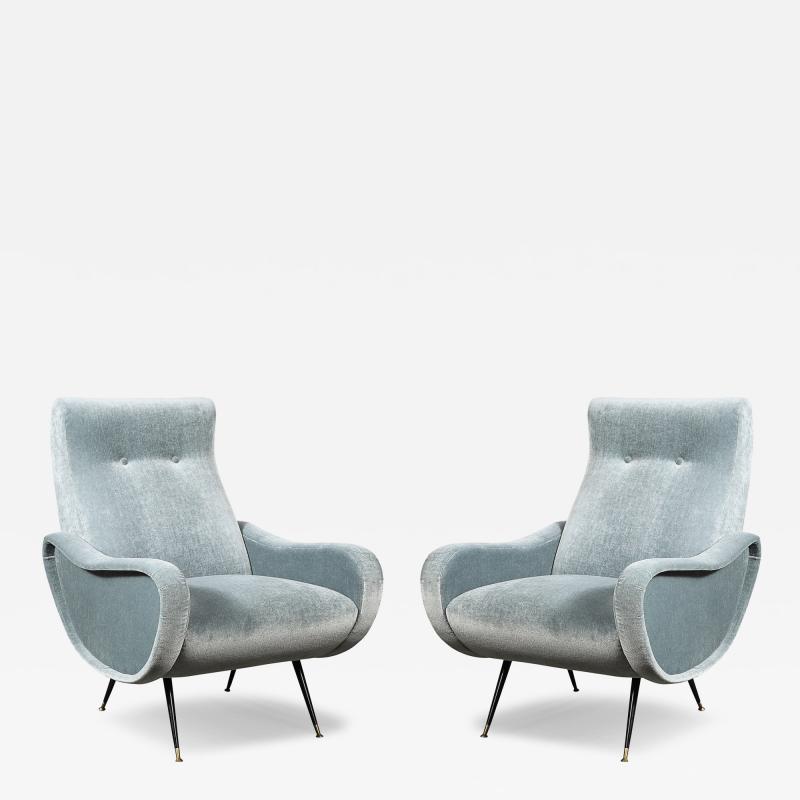 Marco Zanuso Mid Century Modernist Lady Arm Chairs in Powder Blue Mohair by Marco Zanuso