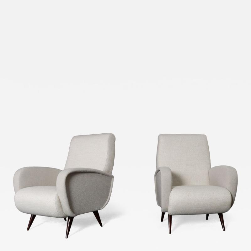 Marco Zanuso Pair of Italian Walnut and Gray and White Tweed Club Chairs after Marco Zanuso