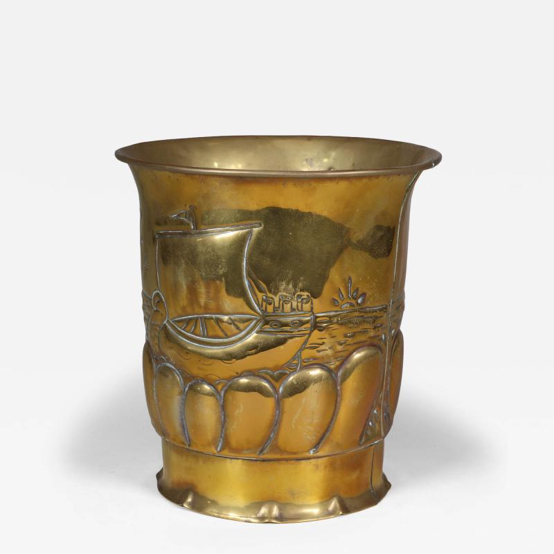 Margaret Gilmour Margaret Gilmour School An Arts Crafts Brass Planter with a Galleon at Sea
