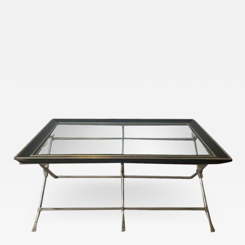 Marge Carson MODERN NEOCLASSICAL BRUSHED NICKEL AND BRASS TRIPLE X BASE COFFEE TABLE