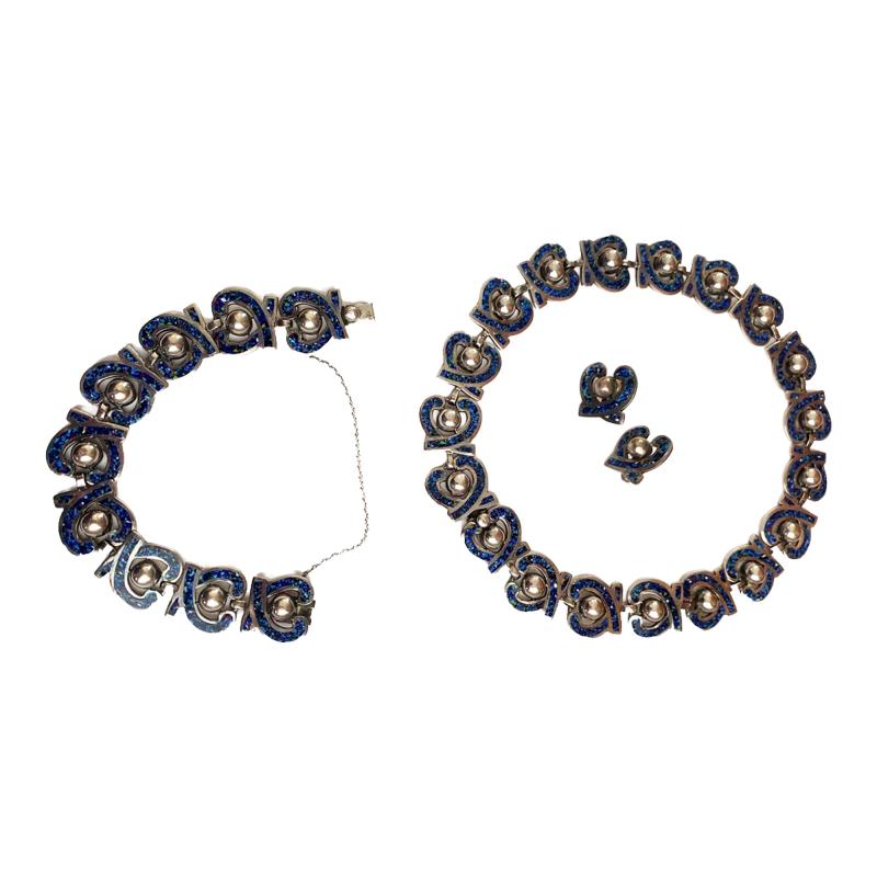 Margot van Voorhees Carr Silver enamel necklace bracelet earrings set by Margot van Voorhees Carr