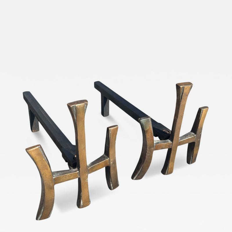 Maria Pergay 1970s bronze andirons in the style of Maria Pergay