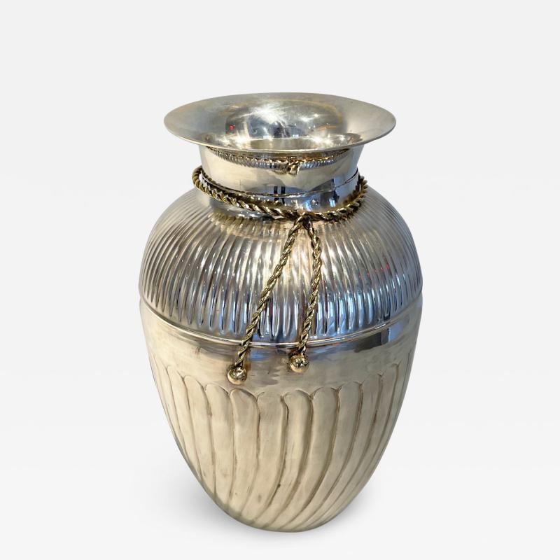 Maria Pergay Modernist Silver Vase With Stylized Brass Tassels Attributed to Maria Pergay