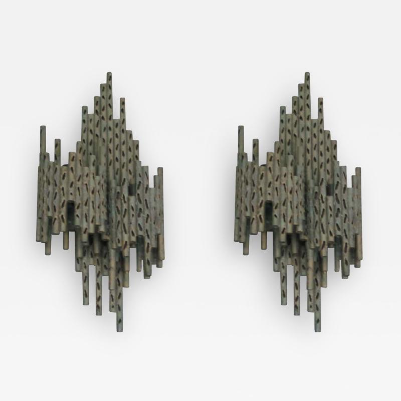 Maria Pergay Pair of French Mid Century Modern Perforated Iron Sconces Attr Maria Pergay