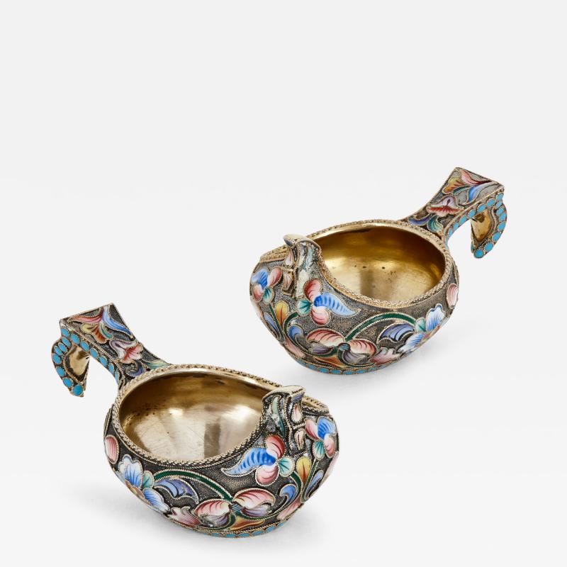 Maria Semenova Antique pair of silver gilt and enamel Kovshes by Semenova