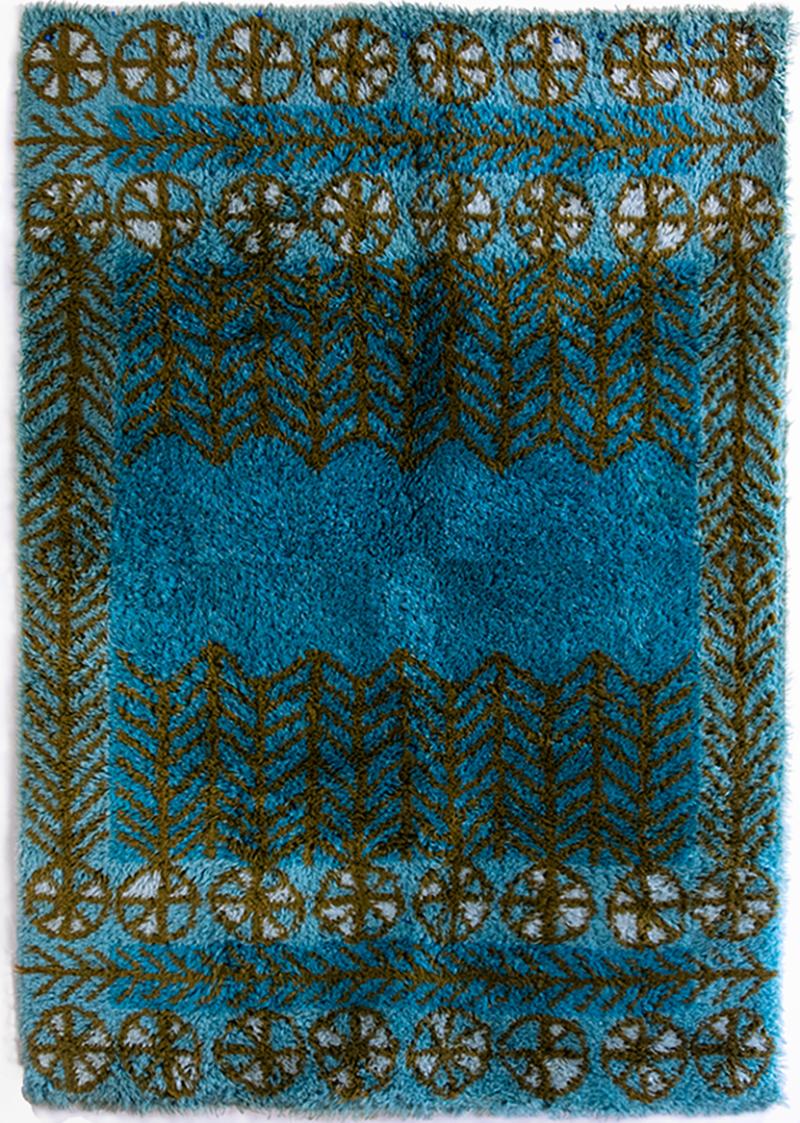 Marianne Richter SWEDISH BLUE AND BROWN WOOL RYA RUG 1960 Attributed to Marianne Richter 