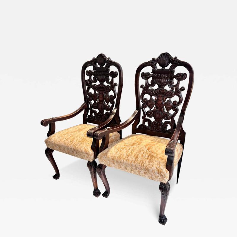 Mariano Fortuny Pair of Antique Portuguese Arm Chairs W Fortuny Seats