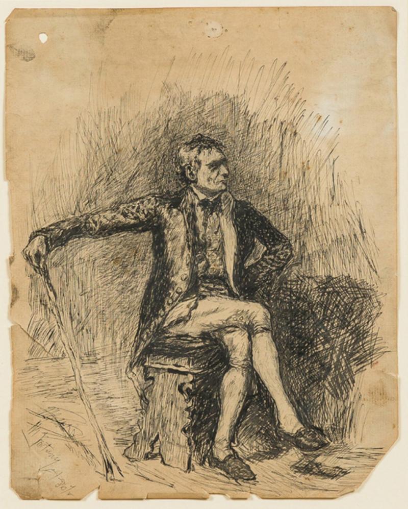 Mariano Fortuny y Marsal Mariano Fortuny y Marsal 19th Century pen and ink portrait of a seated Spanish g