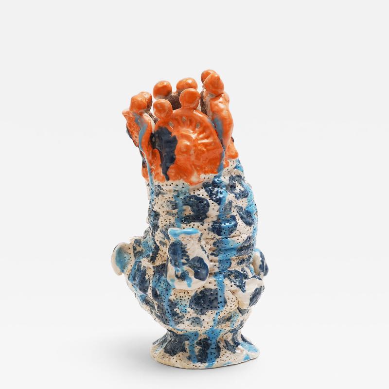 Marie Pierre Biau SHELL VASE 9 BLUE AND ORANGE Glazed sandstone sculpture