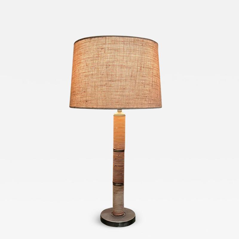 Mario Lopez Torres 1960s Vintage Modern Wrapped Cane and Brass Plated Table Lamp