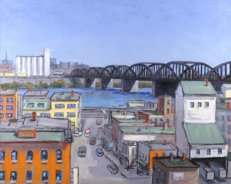 Mark Horton Mark Horton b 1953 Town on River with Bridge 40 x 50 