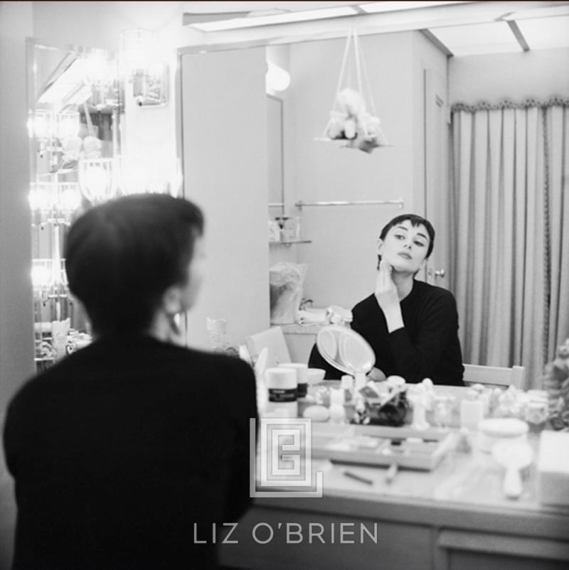 Mark Shaw Audrey Hepburn Applies Makeup in Mirror Backstage at Ondine 1954