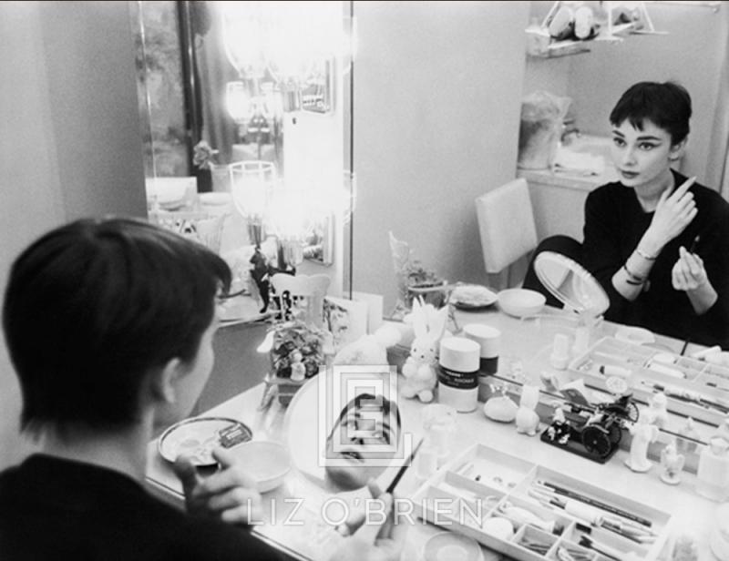 Mark Shaw Audrey Hepburn Applies Makeup in Two Mirrors Backstage at Ondine 1954