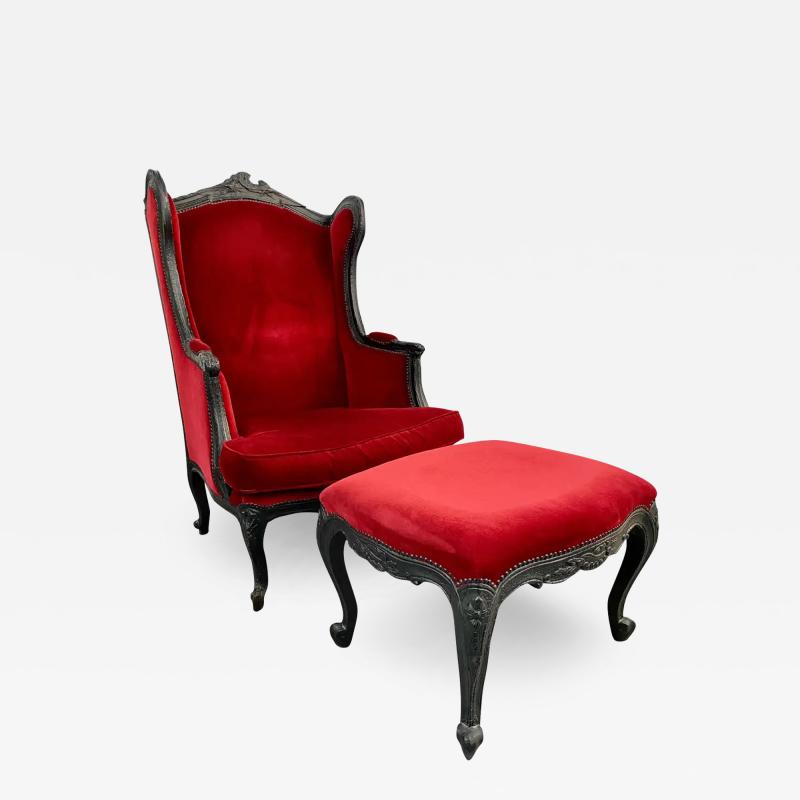 Marteen Baas Renaissance Revival Style Smoke Red Velvet Wingback Chair Ottoman