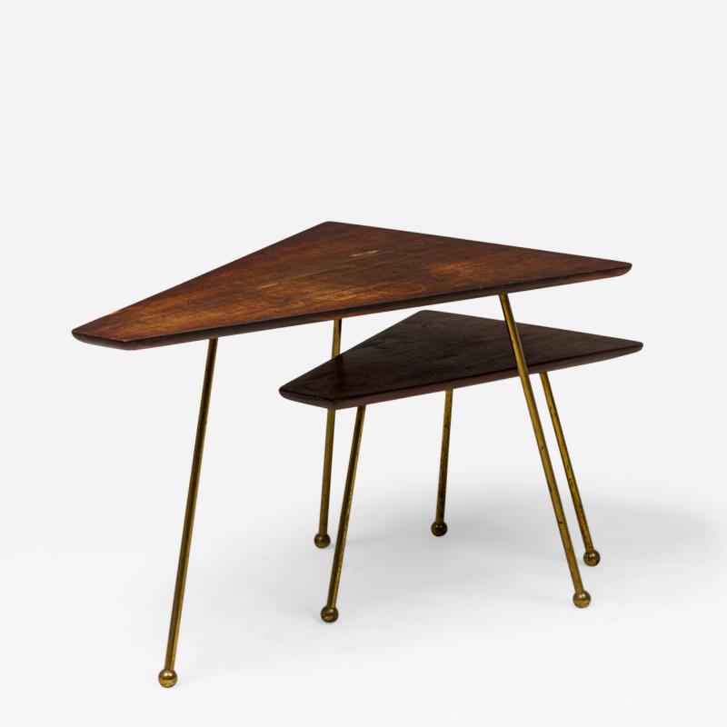 Martin Freedman 2 Piece Set of Mid Century American Polygonal Wood and Brass Nesting Tables