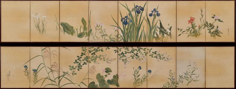 Maruyama Oshin 1838 Japanese Screen Pair Flowers Grasses of the Four Seasons