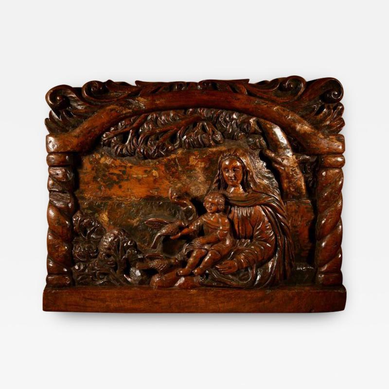 Mary And Baby Jesus Feeding Birds Large Walnut Relief Carving
