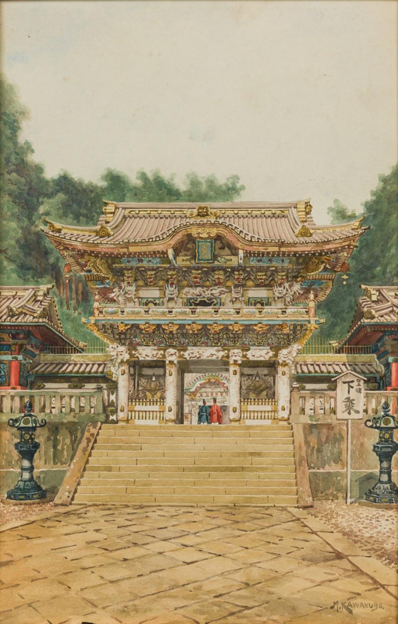 Masana Kawakuba Asian watercolor of a Buddha shrine by Masana Kawakuba