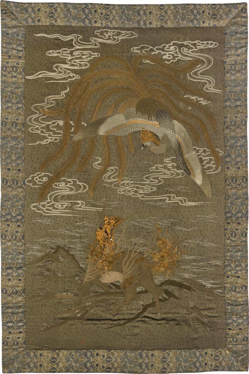 Massive Japanese Embroidery Tapestry Display Box Meiji Period