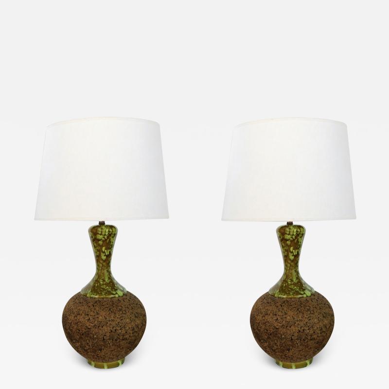 Massive Pair of American 1960s Lamps with Mottled Olive Green Ceramic Mounts