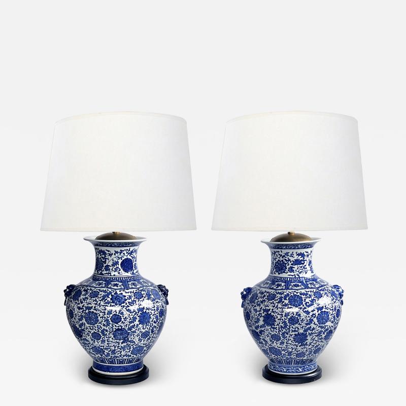Massive Pair of Chinese Blue White Urn form Lamps