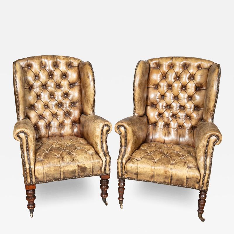 Matched Pair Of English Tufted Leather Wing Back Chairs