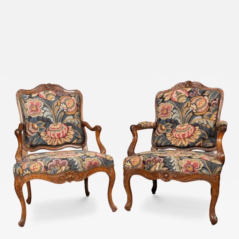 Matched Pair Of Louis XV Walnut Armchairs