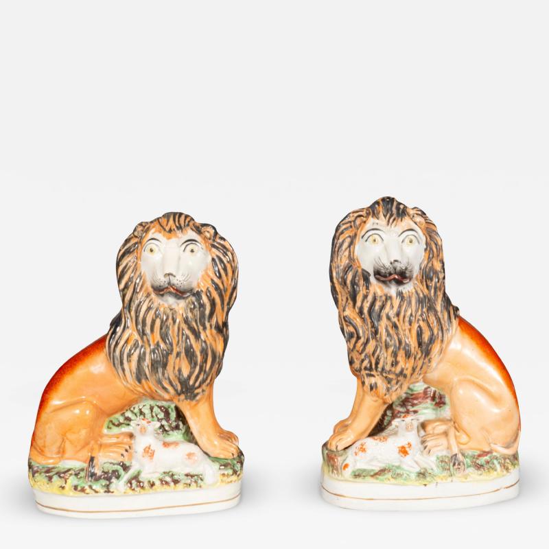 Matched Pair Of Staffordshire Pottery Lions