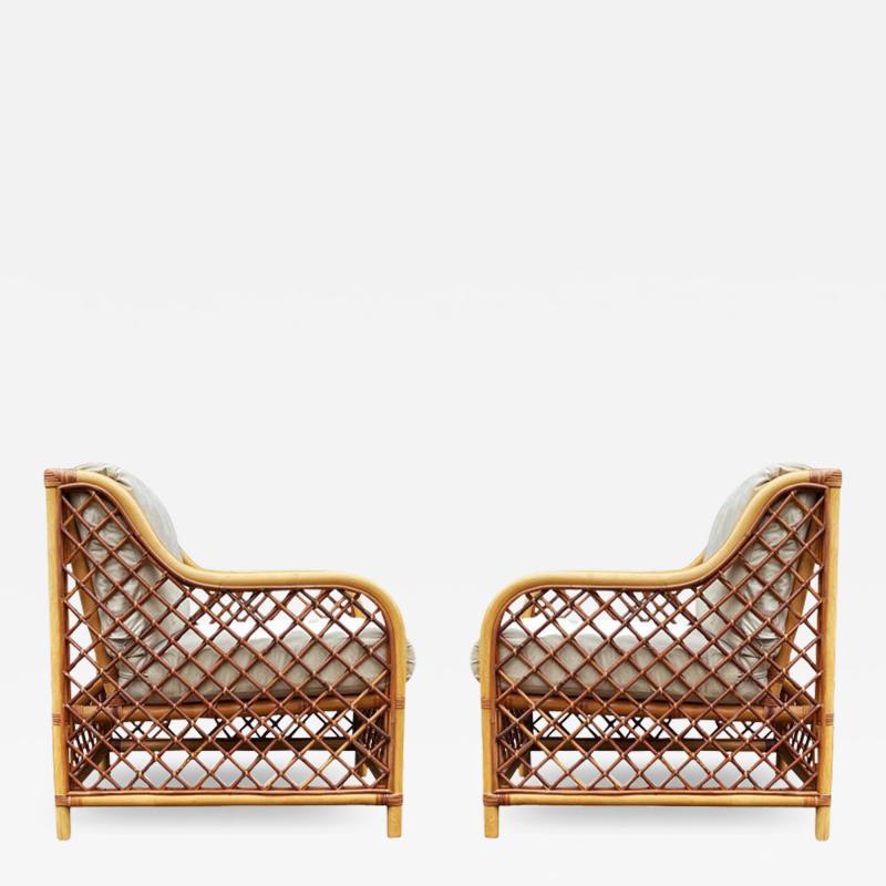 Matching Pair of Mid Century Modern Two Tone Rattan Club Chairs or Lounge Chairs