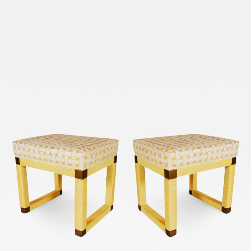 Matching Pair of Midcentury Hollywood Regency Yellow Rattan and Brass Bench Set