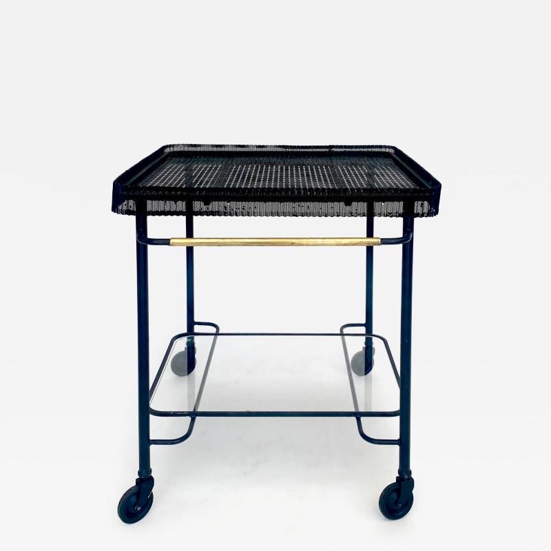 Mathieu Mat got MATHIEU MATEGOT BLACK PERFORATED METAL BAR CART WITH GLASS SHELF FRANCE C1956