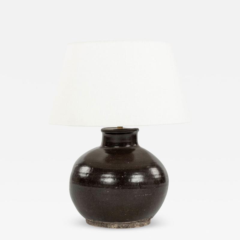 Matte Dark Brown Glazed Lamp from Antique Chinese Oil Jar