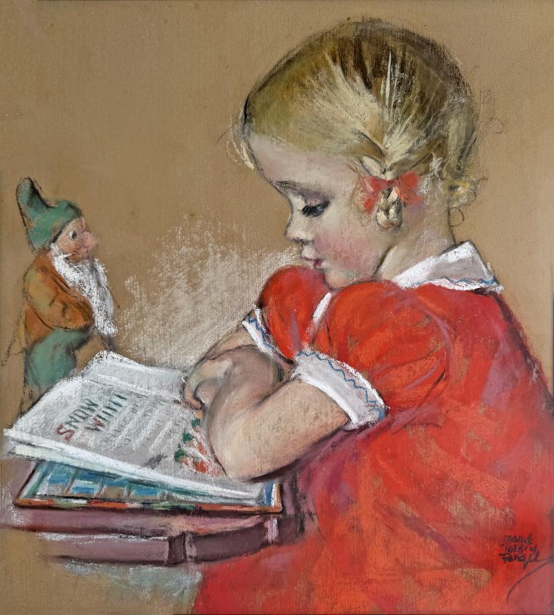 Maud Tousey Fangel Blond Child in Red Dress Reading Snow White to Elf Fairy Tale