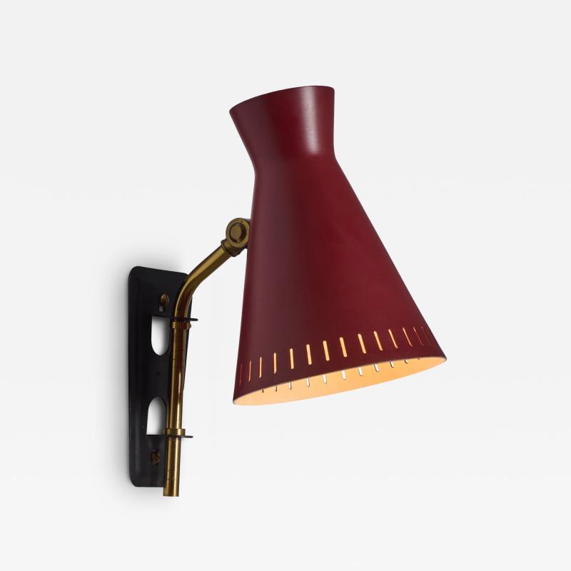 Mauri Almari 1950s Perforated Red Diabolo Plug In Wall Lamp Attributed to Mauri Almari