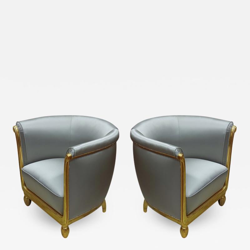 Maurice Dufr ne Maurice Dufrene pair of gold leaf Art Deco chairs newly covered in satin silk