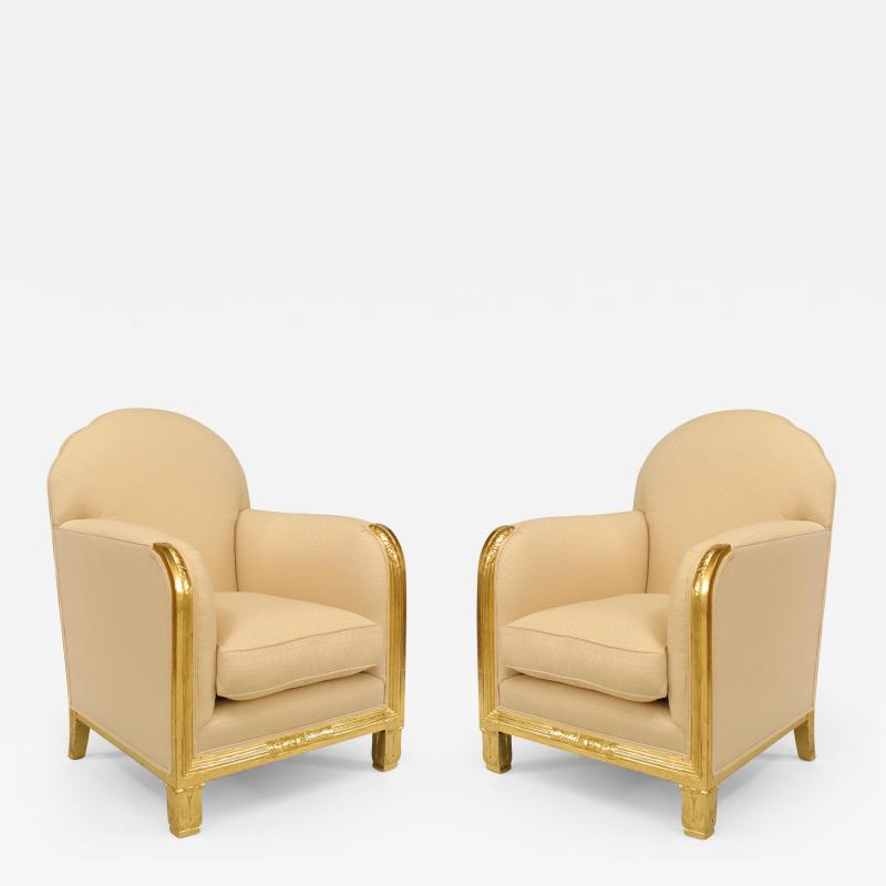 Maurice Dufr ne Pair of French Art Deco Gilt Wood Club Chairs