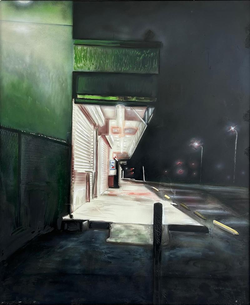 Mauricio Rodriguez Urban Nightlights Street Scene Oil Painting 1999