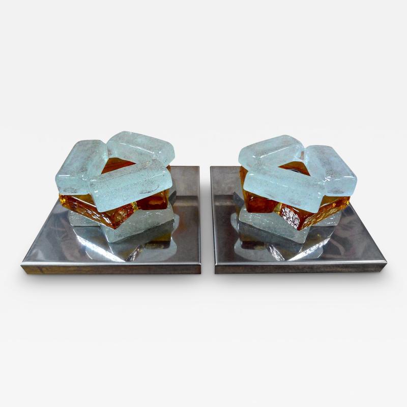 Max Ingrand Pair of Geometric Poliarte Style Midcentury Murano Glass Sconces
