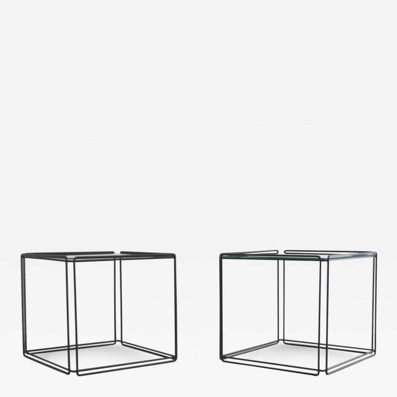 Max Sauze Pair of Mid Century Black Enameled Steel and Glass Side Tables