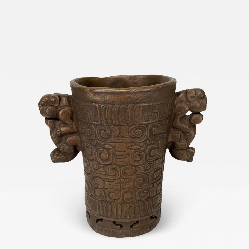 Mayan Style Bonze Carved Vase