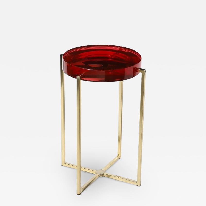 McCollin Bryan Modernist Lens Side Table in Ruby Lucite and Brass by McCollin Bryan