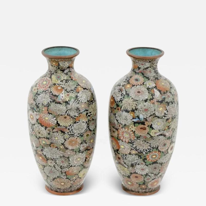 Meiji Japanese Cloisonne Enamel Millefiori Chrysanthemum Flowers Butterflies 