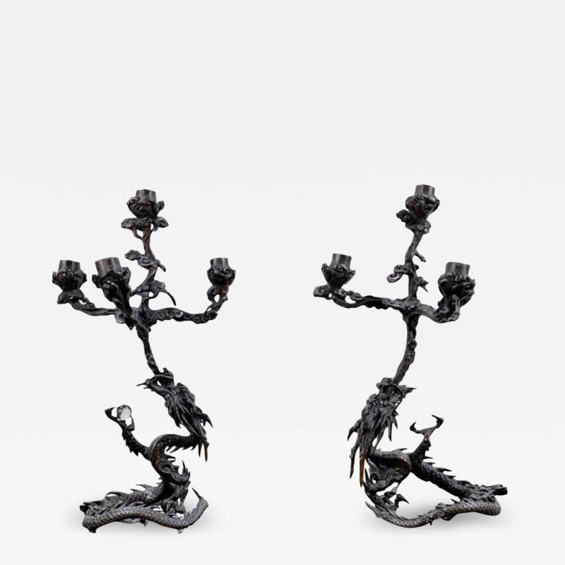 Meiji Period Bronze Dragon Form Candelabrum a Pair