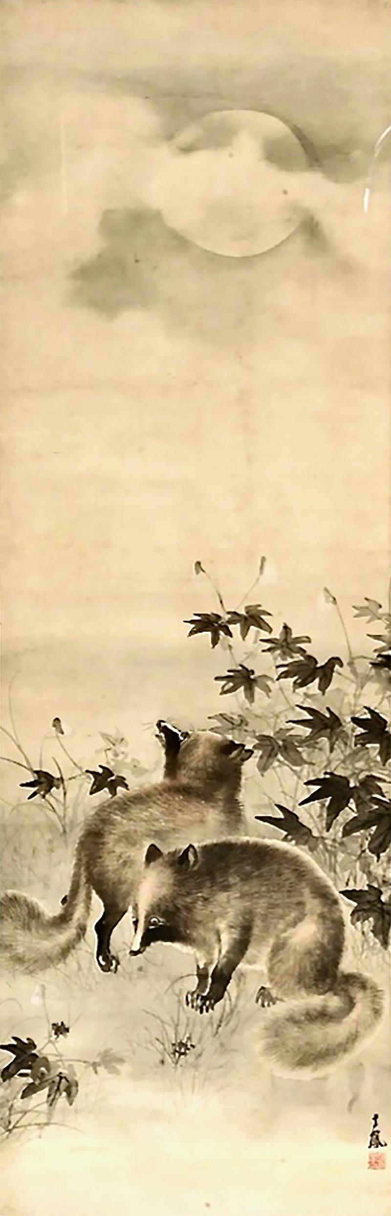 Meiji Period Scroll Painting of Foxes