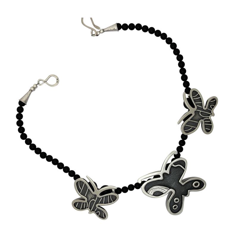 Melanie A Yazzie Butterflies necklace cast sterling silver and onyx beads