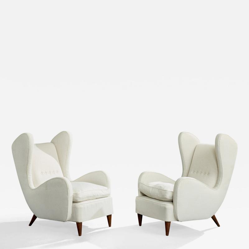 Melchiorre Bega Attribution Lounge Chairs with Wood and Fabric Italy 1940s
